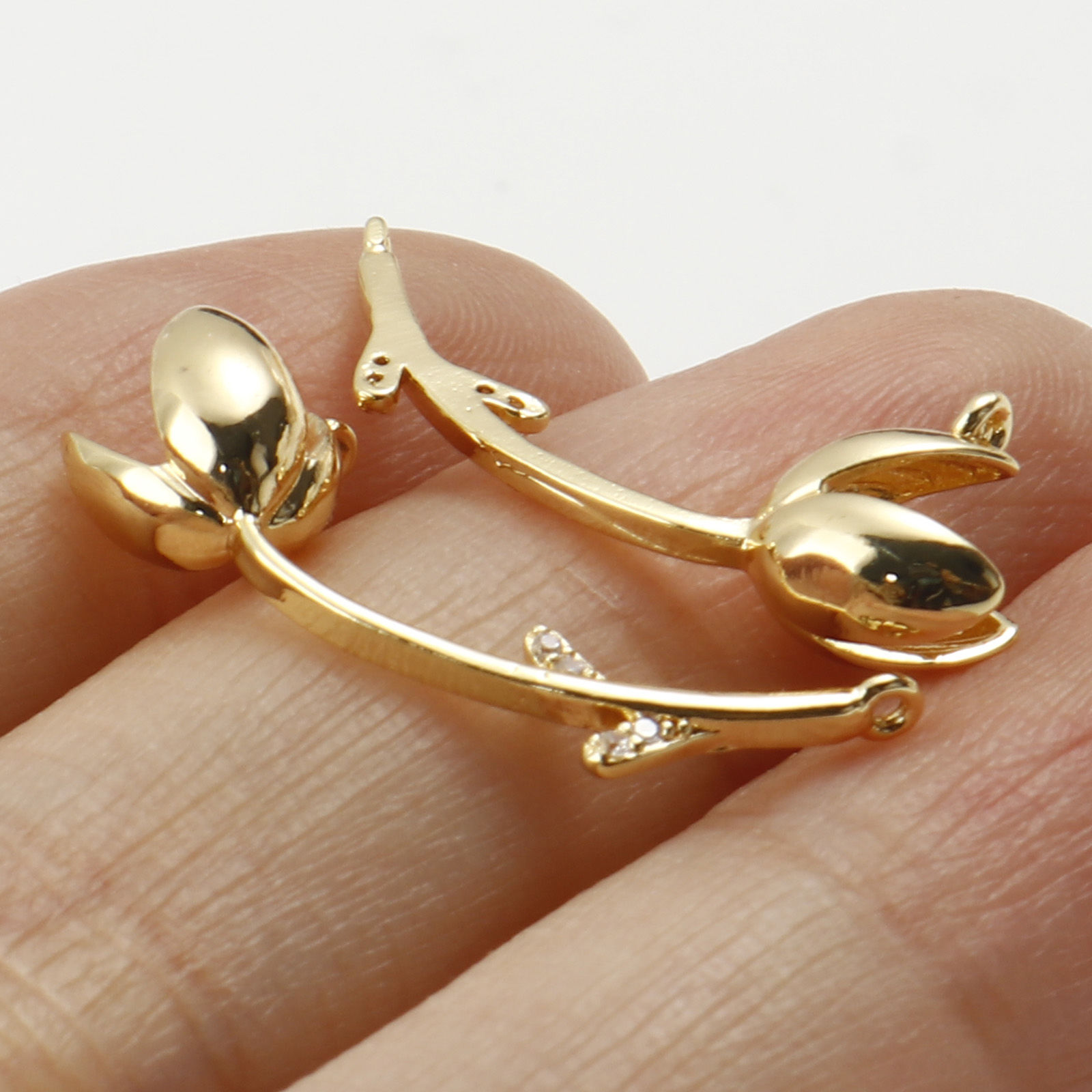 Picture of Brass Connectors Real Gold Plated Tulip Flower Clear Cubic Zirconia 25mm x 9mm, 2 PCs