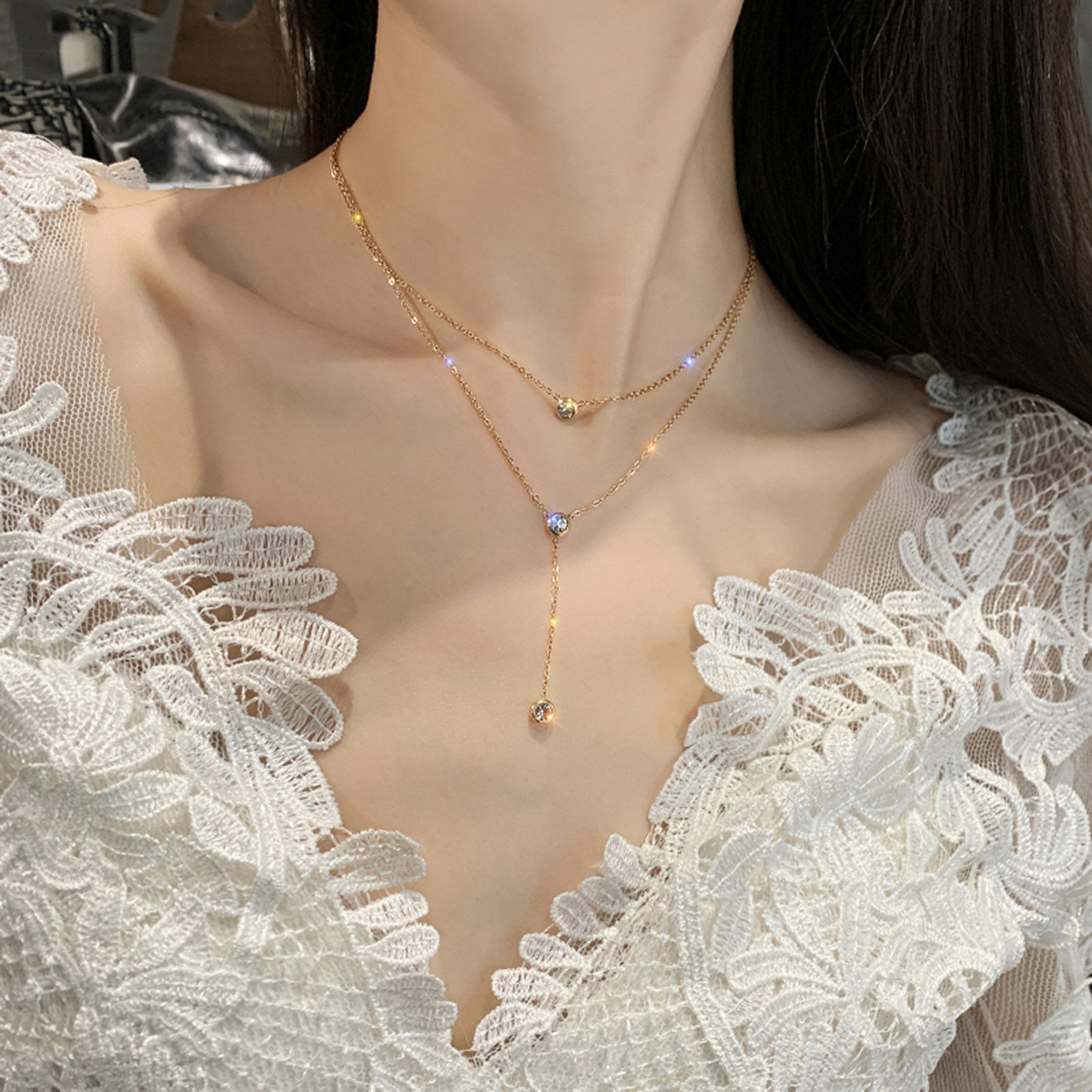 Picture of 1 Piece Vacuum Plating Stainless Steel Choker Necklace 18K Gold Plated Round Clear Cubic Zirconia 39cm(15 3/8") long