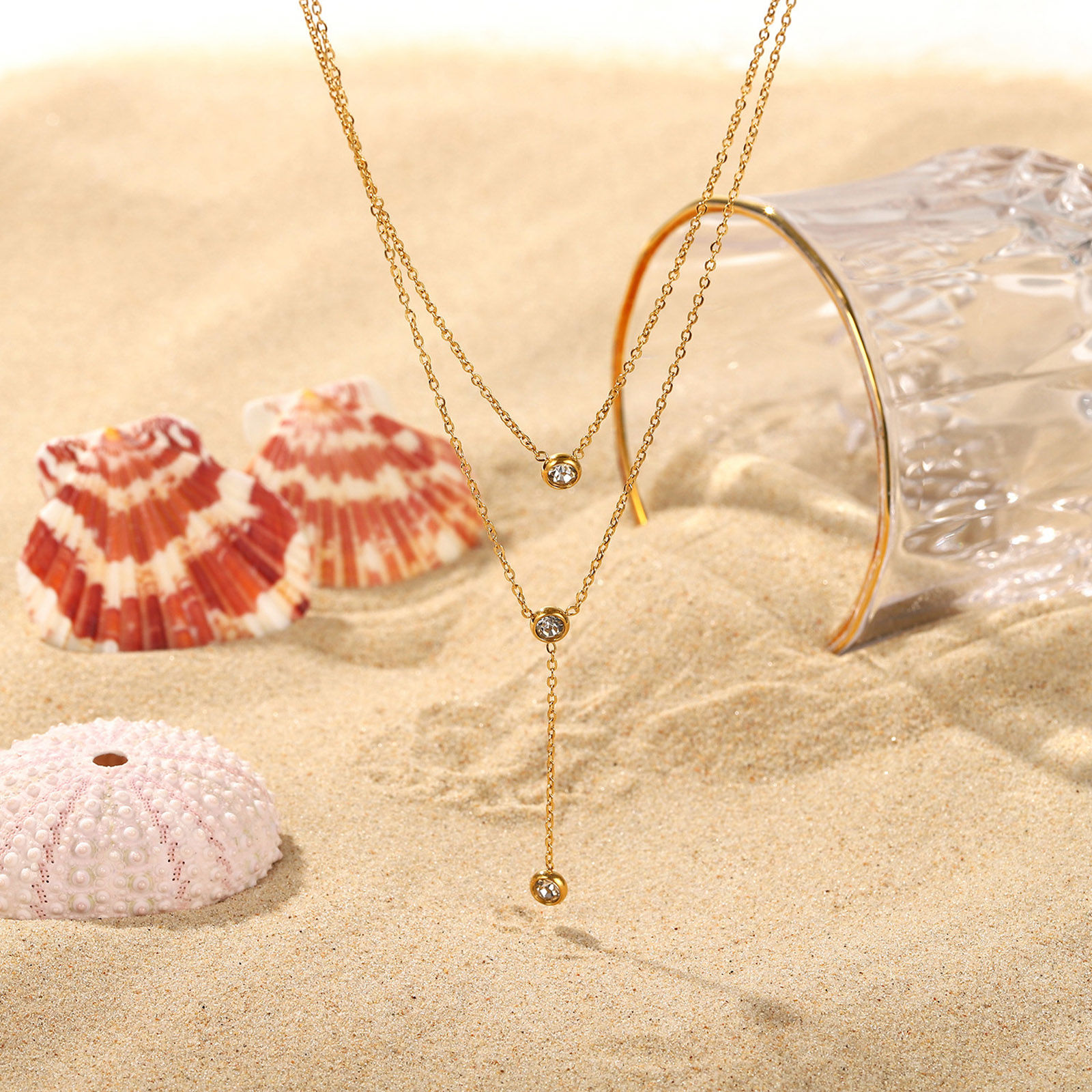 Picture of 1 Piece Vacuum Plating Stainless Steel Choker Necklace 18K Gold Plated Round Clear Cubic Zirconia 39cm(15 3/8") long