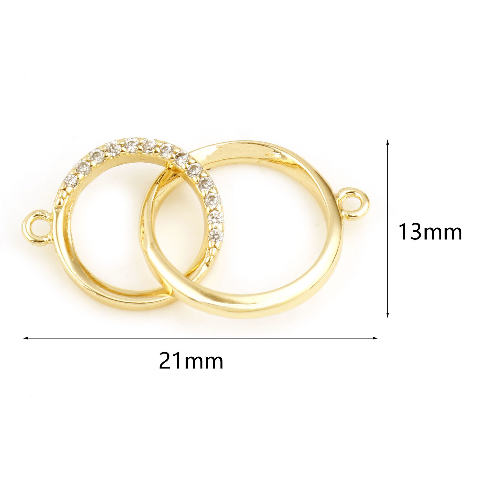 Immagine di Ottone Connettore Accessori Vero Oro Placcato Doppi Anelli Trasparente Cubic Zirconiae 21mm x 13mm, 1 Pz