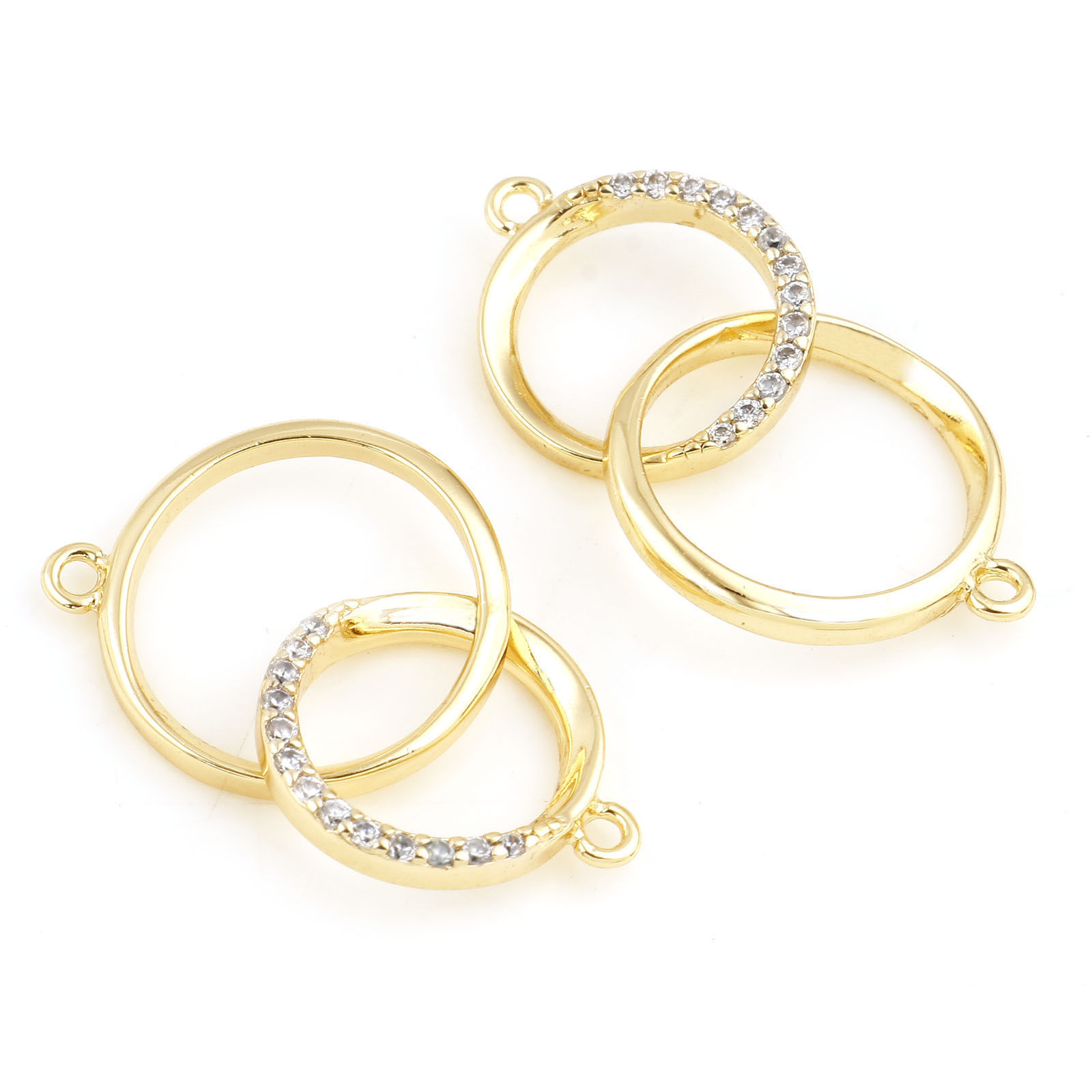 Immagine di Ottone Connettore Accessori Vero Oro Placcato Doppi Anelli Trasparente Cubic Zirconiae 21mm x 13mm, 1 Pz