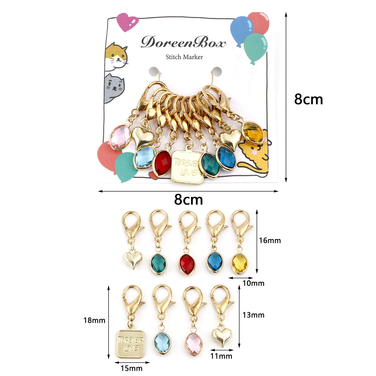 Picture of Alloy Birthstone Knitting Stitch Markers Marquise Heart KC Gold Plated 4.1x1.5cm - 3.5x1.2cm, 1 Set ( 9 PCs/Set)