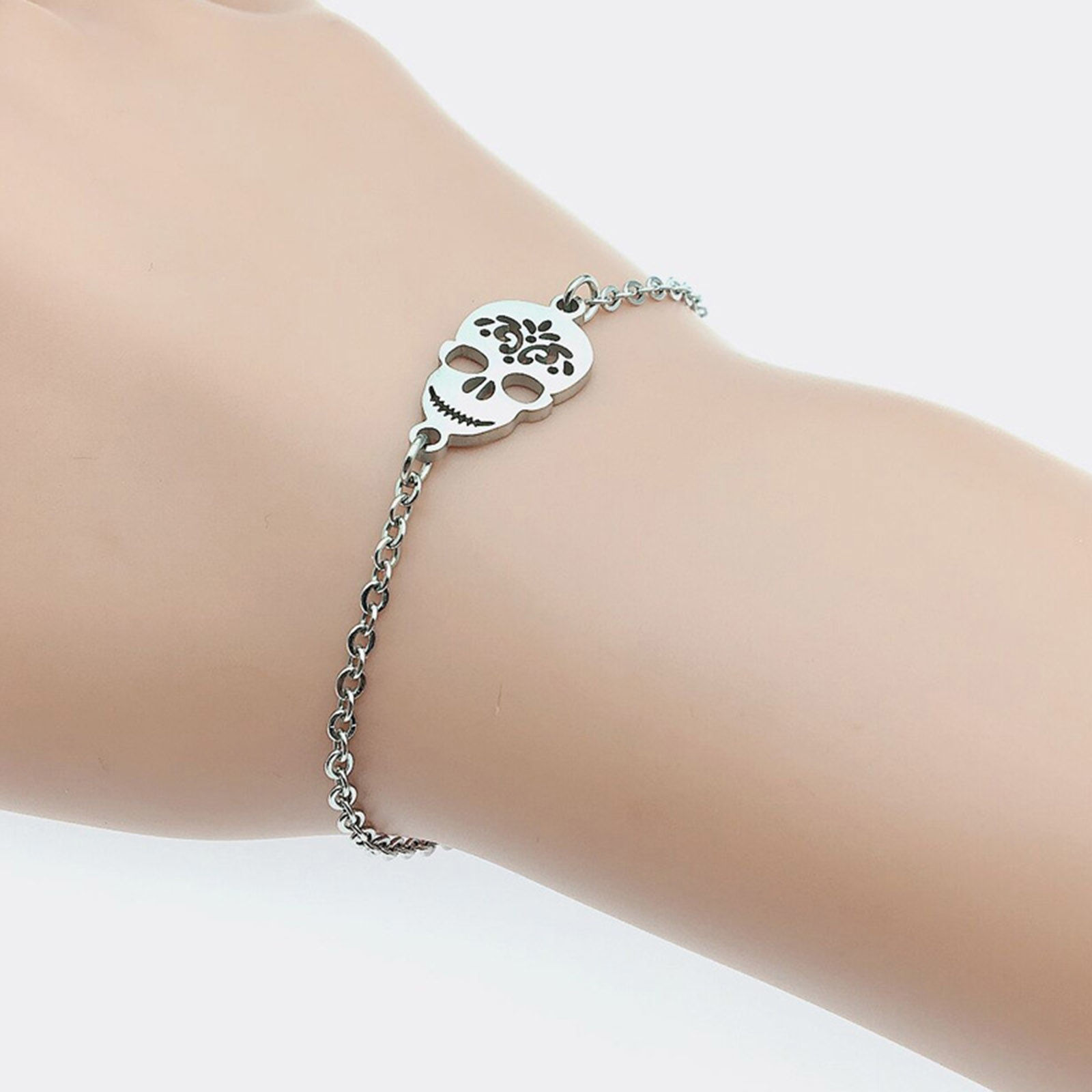 Picture of Stainless Steel Halloween Connectors Silver Tone Skull Filigree 16mm x 12mm, 1 Piece