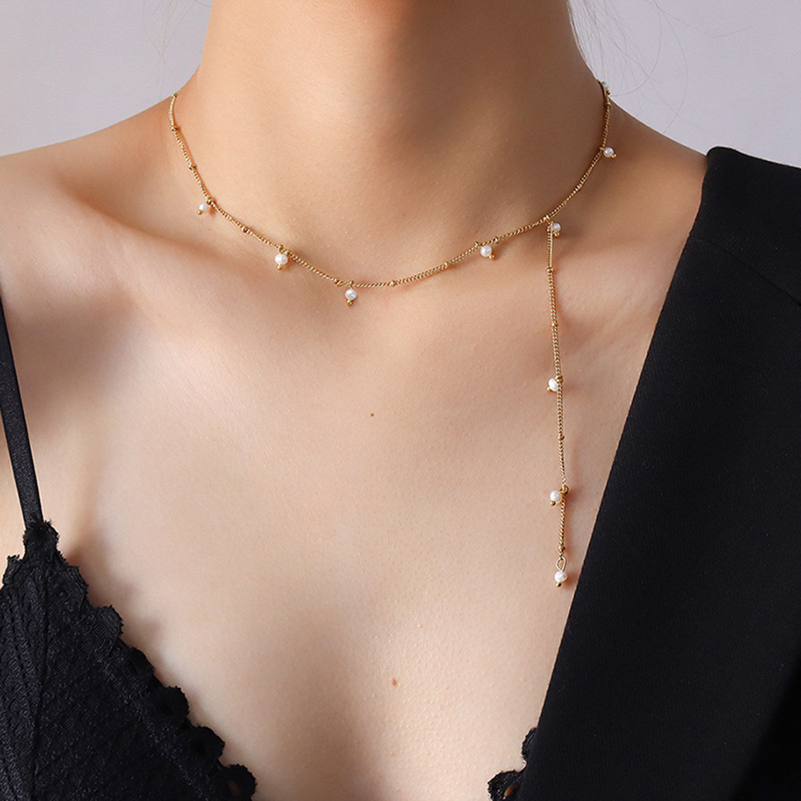 Imagen de Perlas de Agua Dulce Estilo Ins Collares Chapado en Oro de 18K Panícula 40cm longitud, 1 Unidad