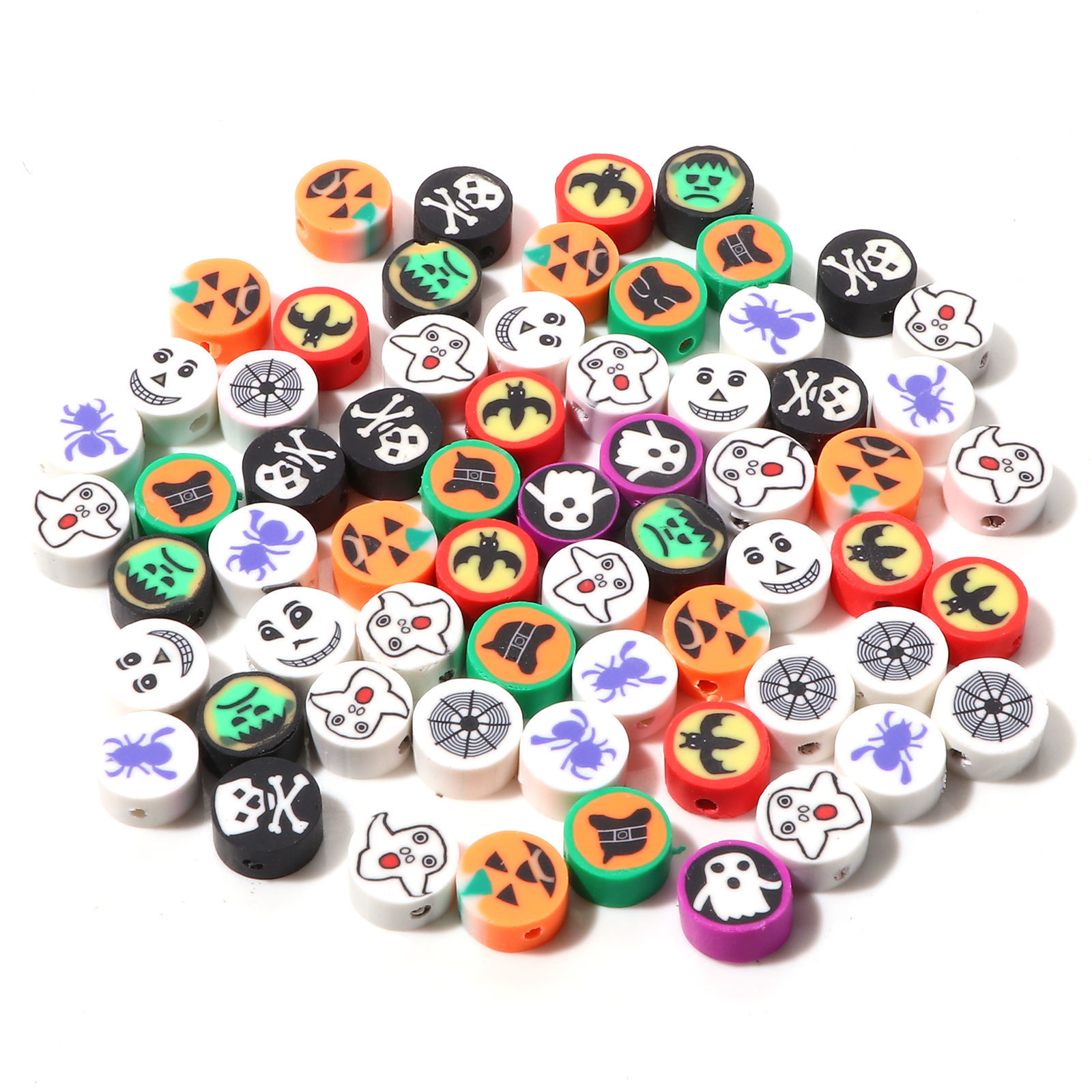 Picture of Polymer Clay Halloween Beads Flat Round At Random Color Mixed About 10mm Dia. - 9mm Dia., Hole: Approx 1.4mm, 50 PCs