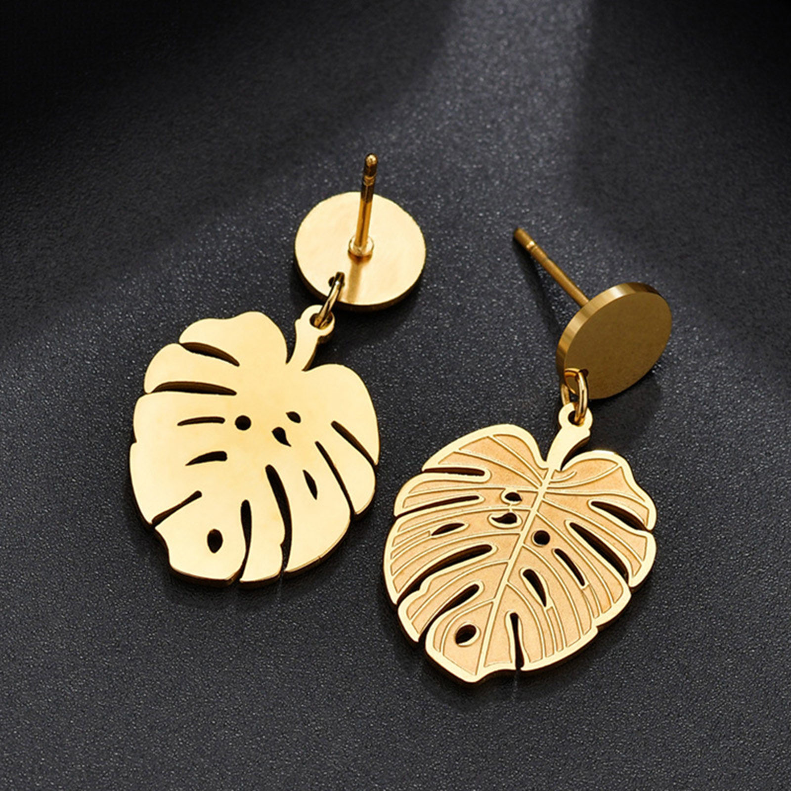Picture of 304 Stainless Steel Stylish Ear Post Stud Earrings 18K Gold Plated Monstera Leaf Hollow 28mm x 16mm, Post/ Wire Size: (20 gauge), 1 Pair