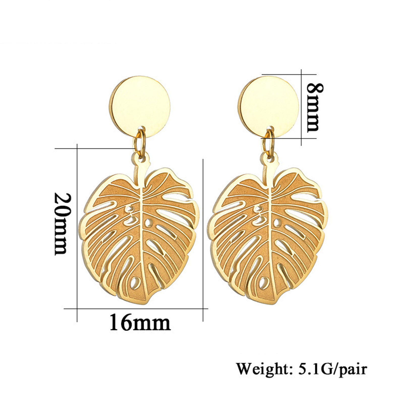 Picture of 304 Stainless Steel Stylish Ear Post Stud Earrings 18K Gold Plated Monstera Leaf Hollow 28mm x 16mm, Post/ Wire Size: (20 gauge), 1 Pair