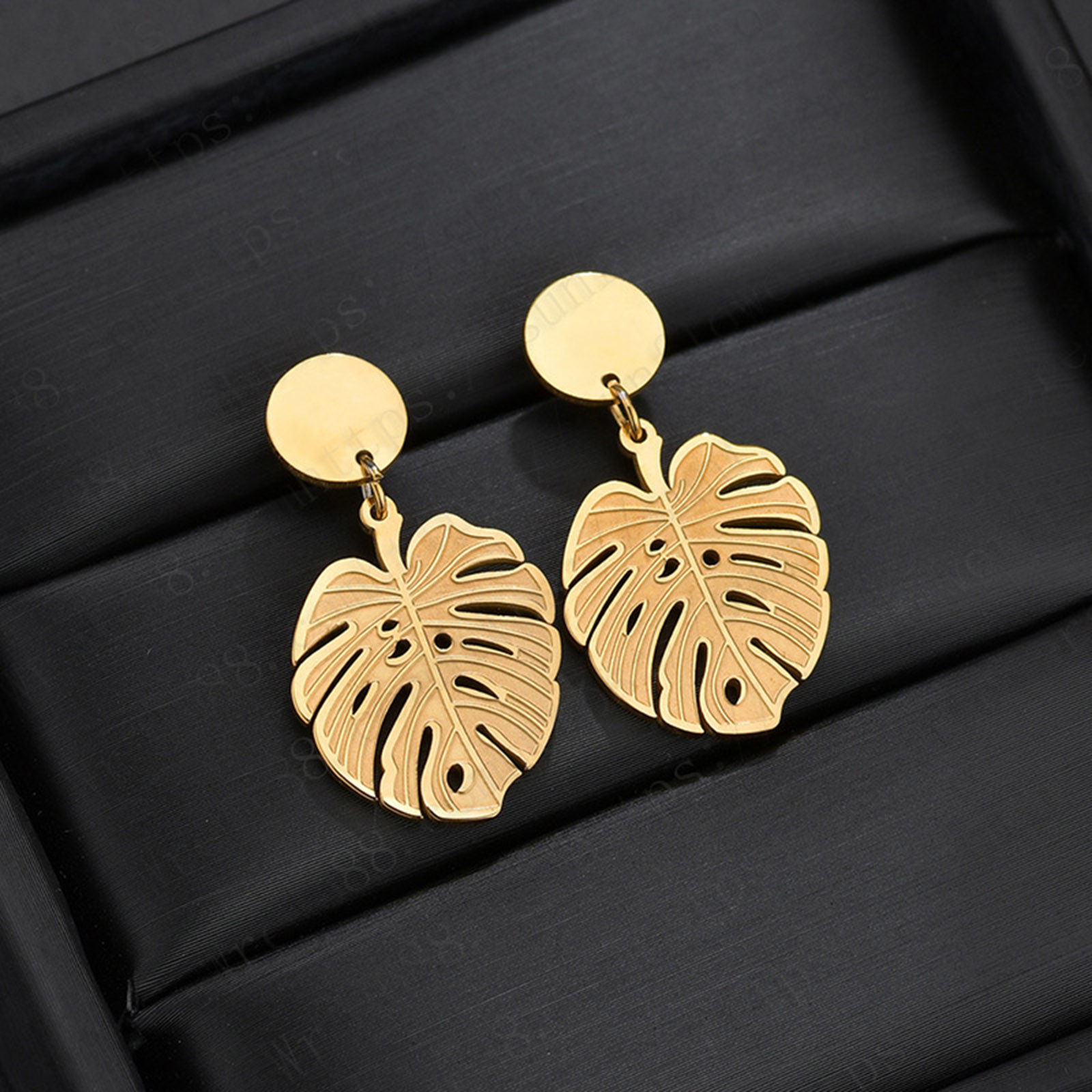 Picture of 304 Stainless Steel Stylish Ear Post Stud Earrings 18K Gold Plated Monstera Leaf Hollow 28mm x 16mm, Post/ Wire Size: (20 gauge), 1 Pair