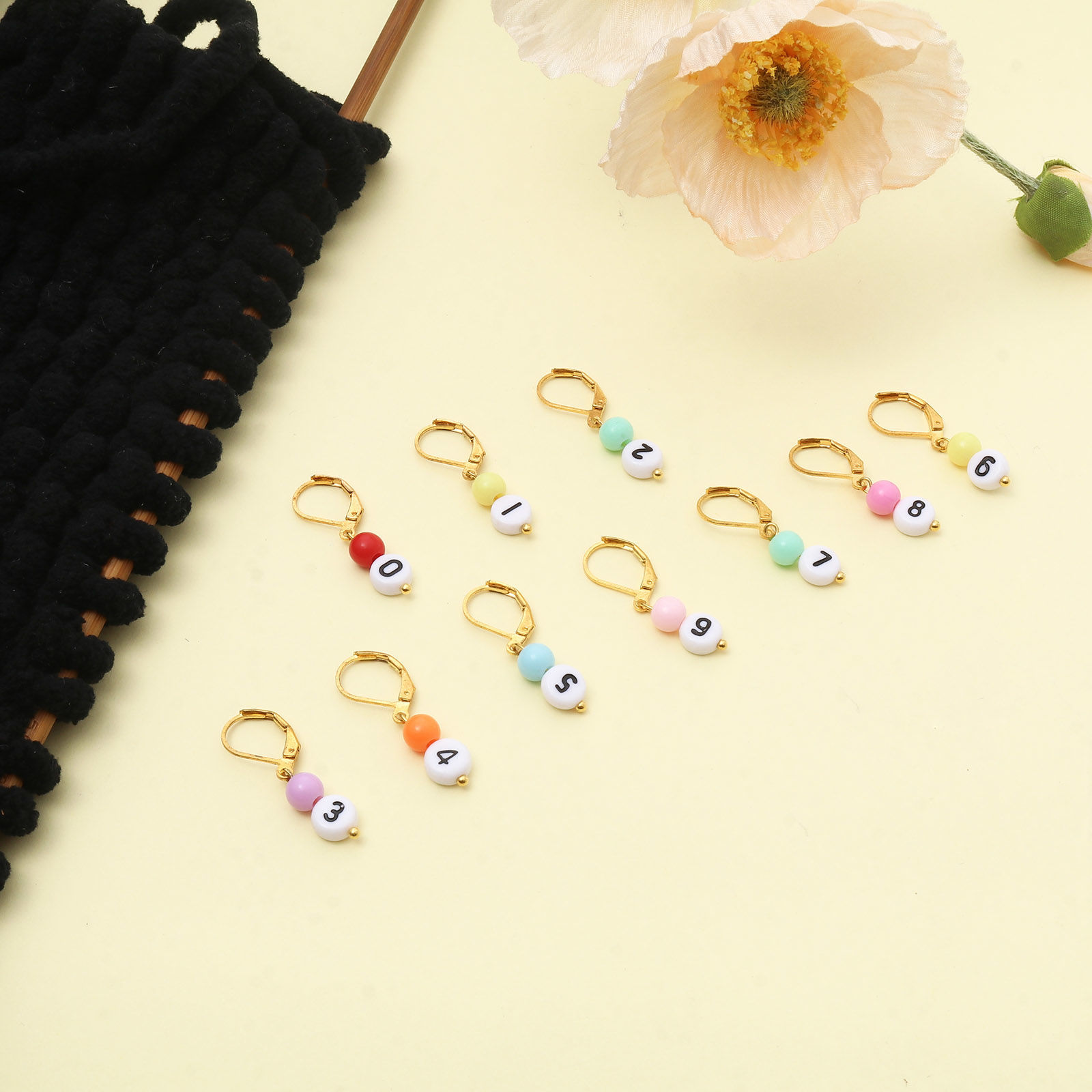 Imagen de Cobre & Acrílico Knitting Stitch Markers 0-9 Chapado en Oro Al Azar Número 3.1cm x 1.1cm, 1 Juego ( 10Unidades/Juego)