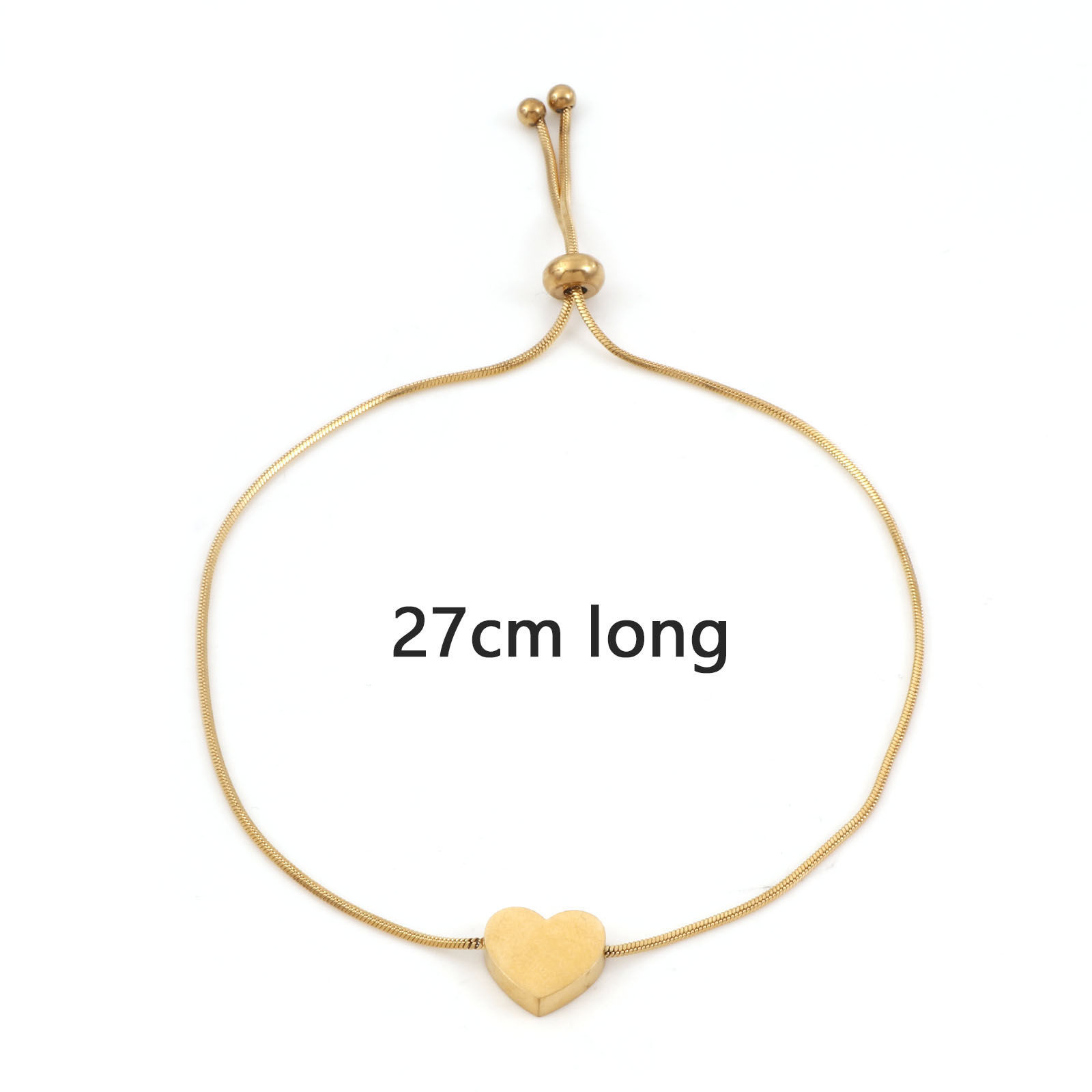 Picture of 1 Piece Vacuum Plating 304 Stainless Steel Valentine's Day Snake Chain Adjustable Slider/ Slide Bolo Bracelets Gold Plated Heart 27cm(10 5/8") long
