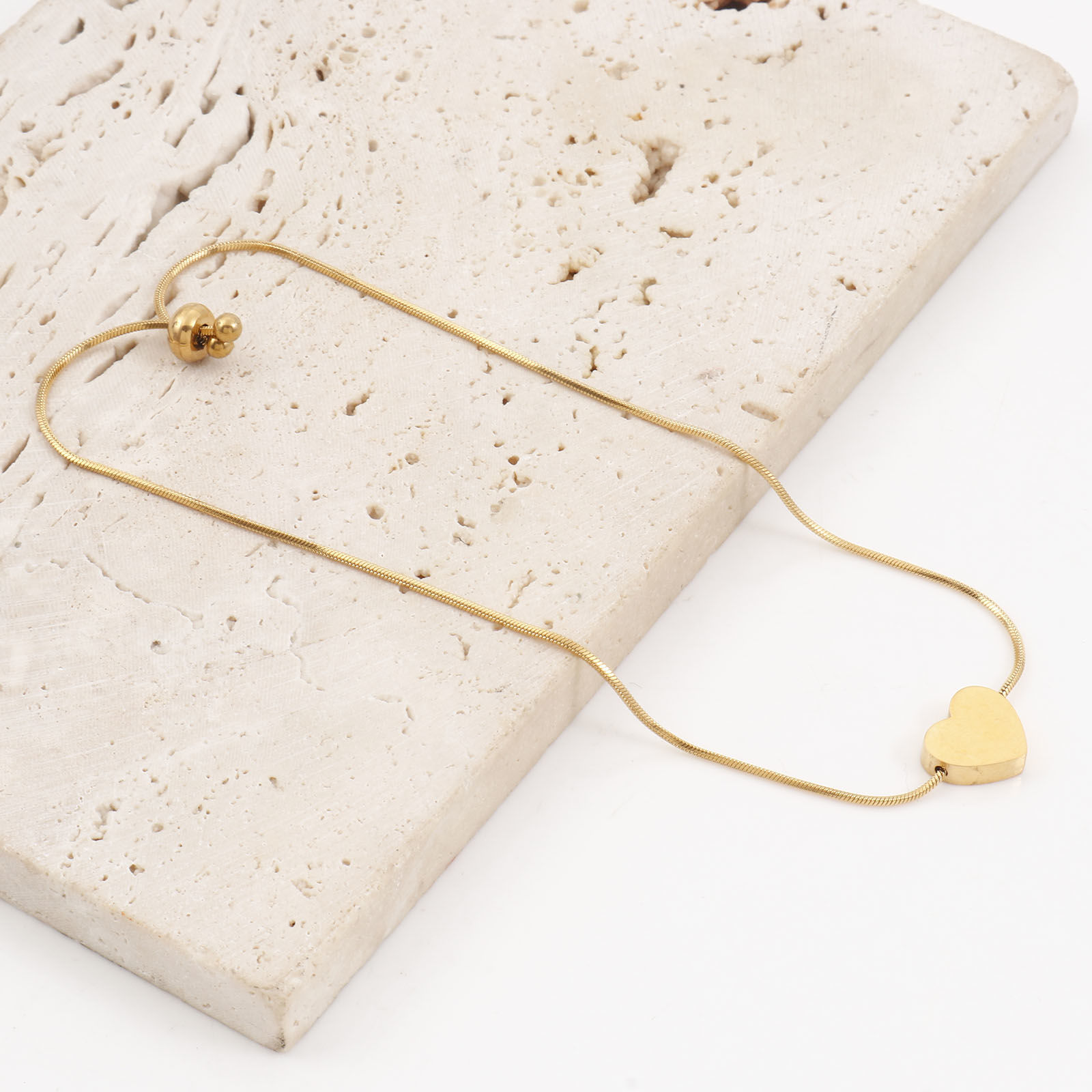 Picture of 1 Piece Vacuum Plating 304 Stainless Steel Valentine's Day Snake Chain Adjustable Slider/ Slide Bolo Bracelets Gold Plated Heart 27cm(10 5/8") long