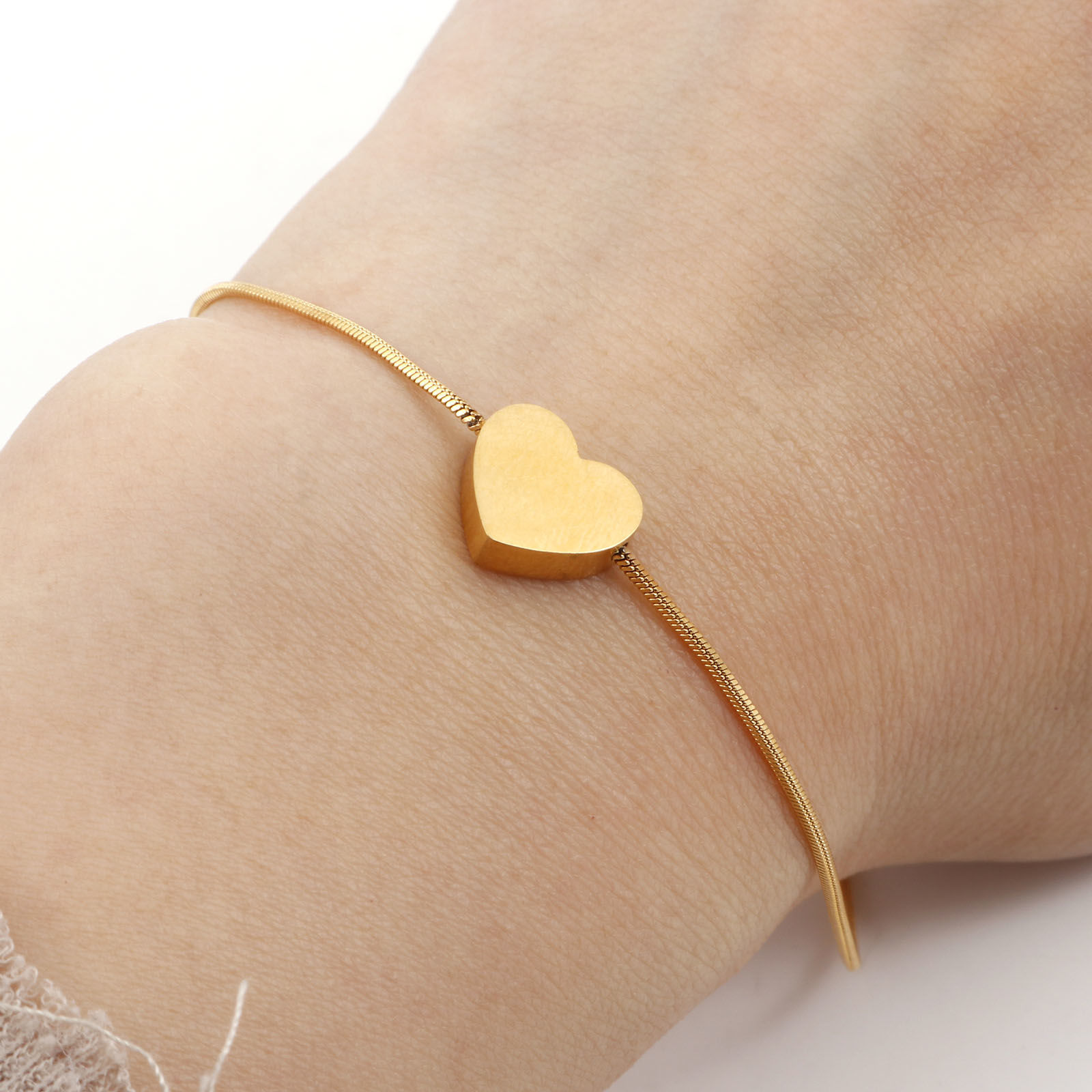 Picture of 1 Piece Vacuum Plating 304 Stainless Steel Valentine's Day Snake Chain Adjustable Slider/ Slide Bolo Bracelets Gold Plated Heart 27cm(10 5/8") long