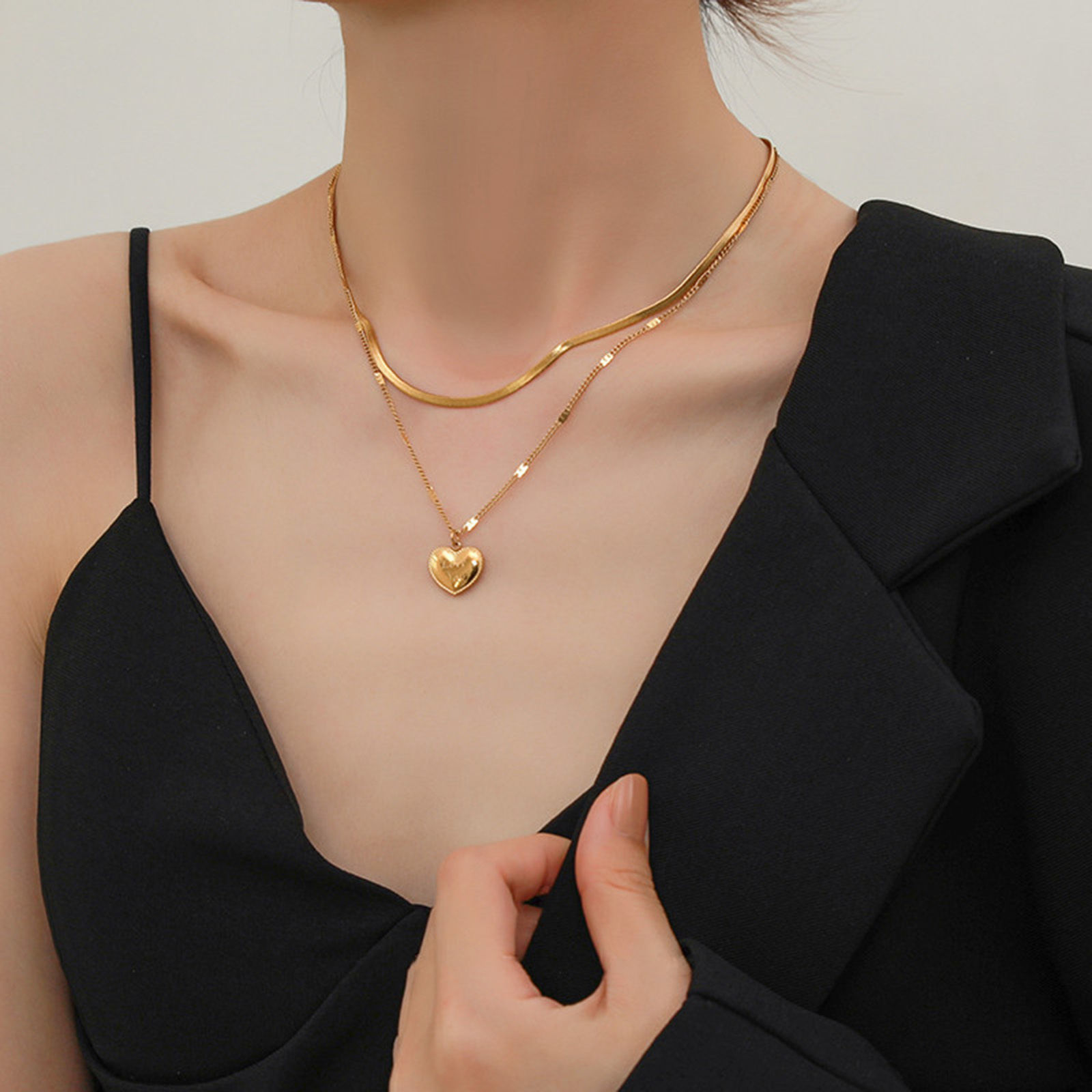 Picture of 316 Stainless Steel Stylish Link Chain Multilayer Layered Necklace 18K Gold Plated Heart 39cm(15 3/8") long, 1 Piece