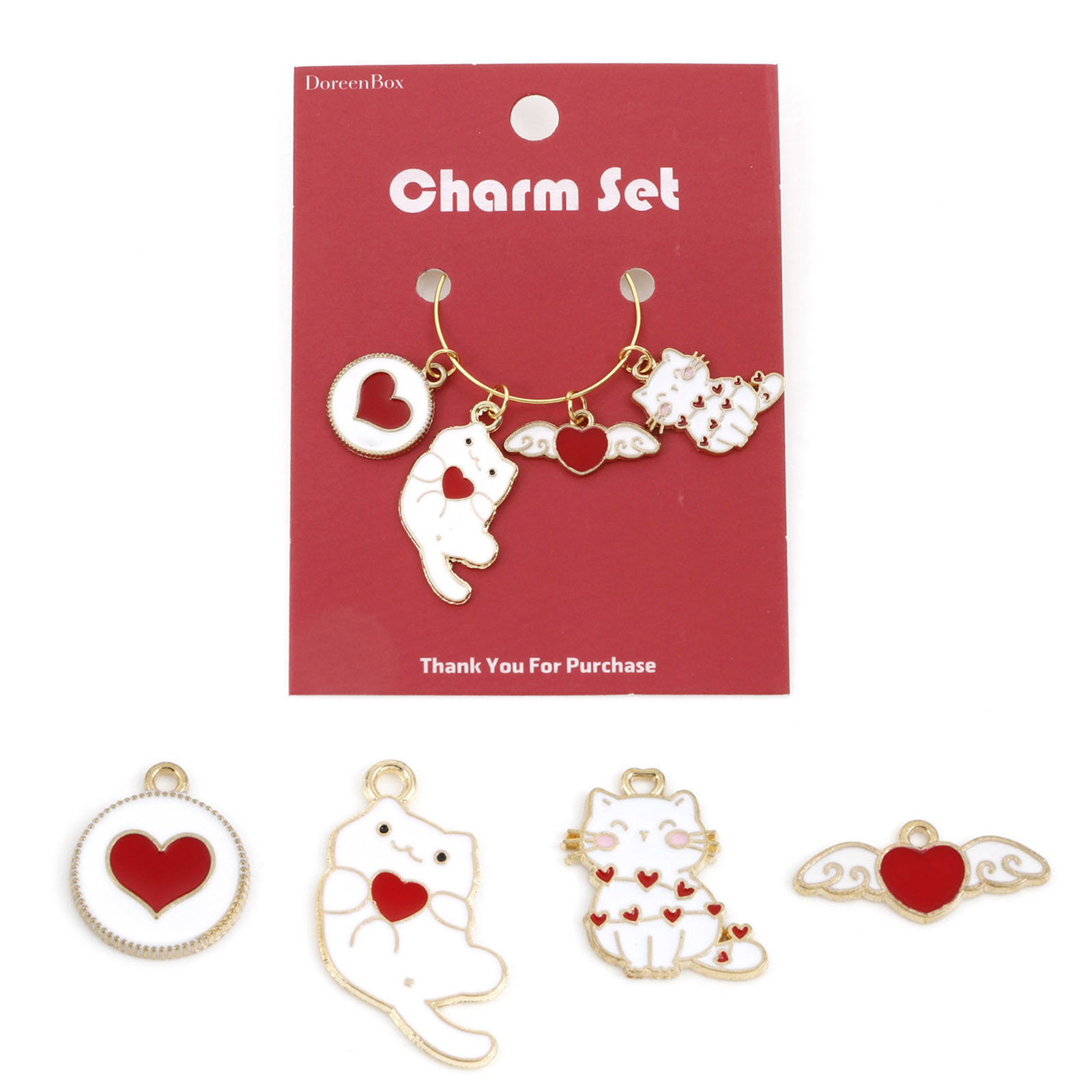 Picture of Zinc Based Alloy Pendants Gold Plated White & Red Cat Animal Heart Enamel 3.3x1.7cm - 2.3x1.3cm, 1 Set( 4 PCs/Set)