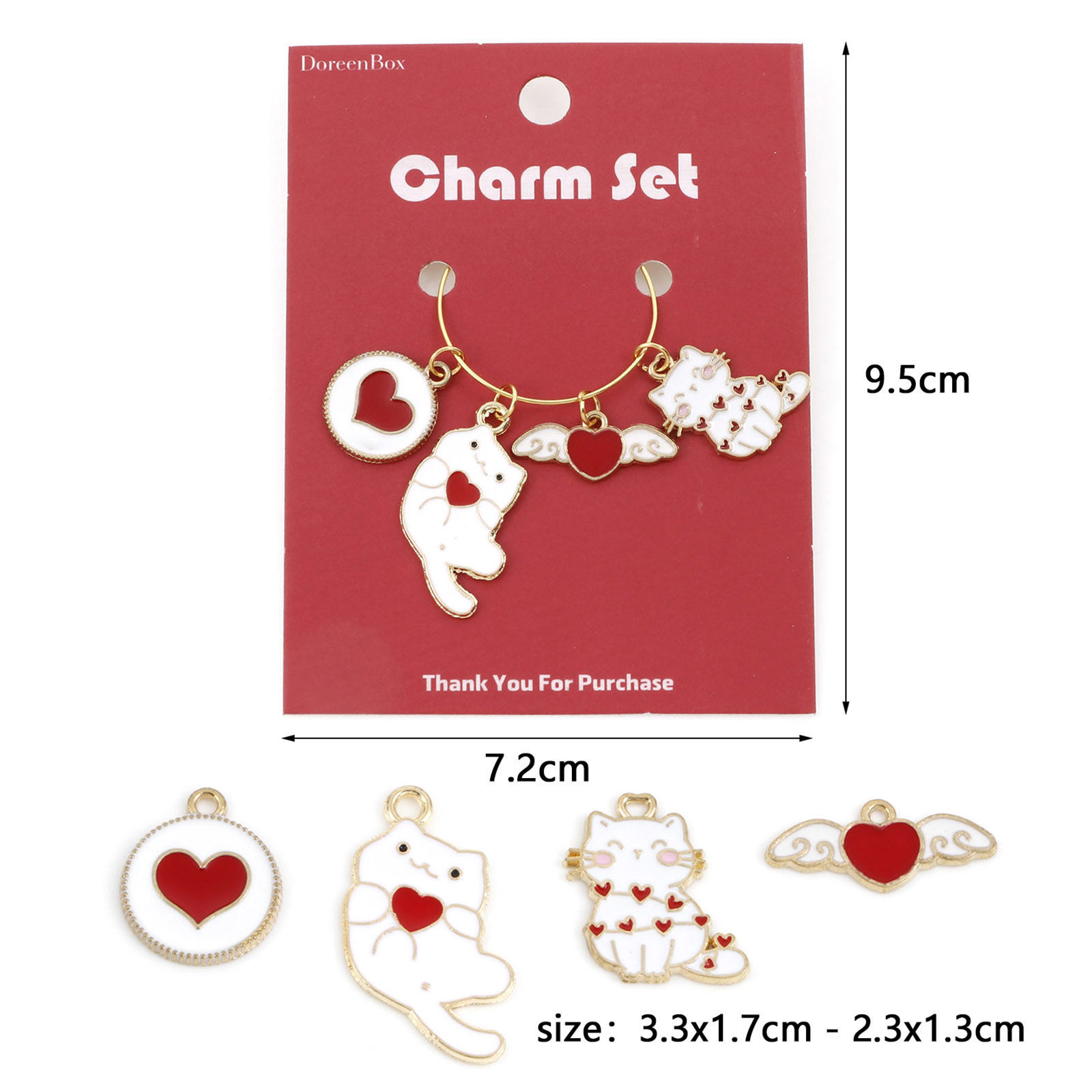 Picture of Zinc Based Alloy Pendants Gold Plated White & Red Cat Animal Heart Enamel 3.3x1.7cm - 2.3x1.3cm, 1 Set( 4 PCs/Set)