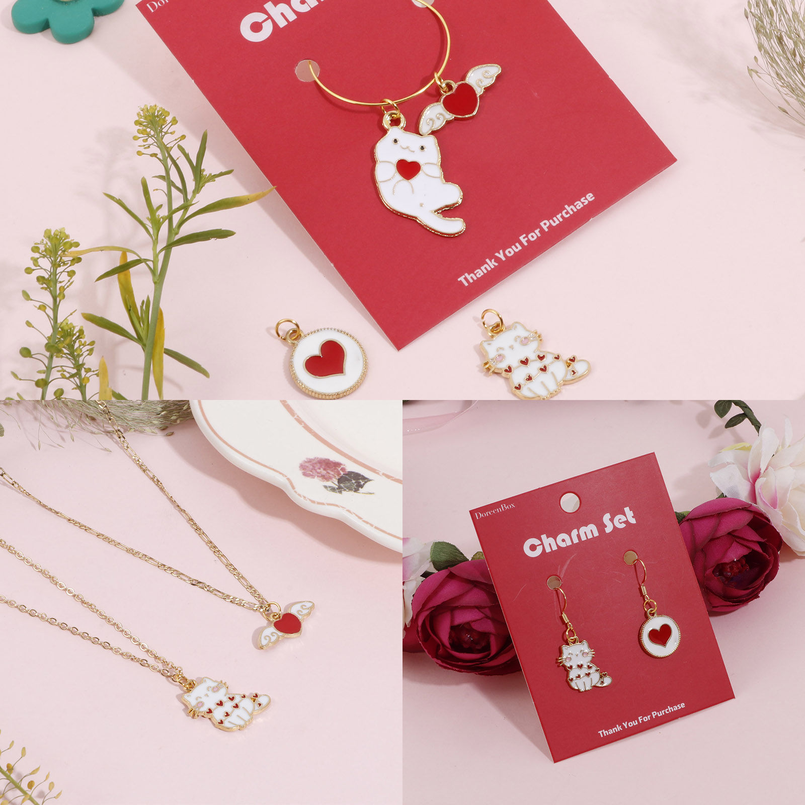 Picture of Zinc Based Alloy Pendants Gold Plated White & Red Cat Animal Heart Enamel 3.3x1.7cm - 2.3x1.3cm, 1 Set( 4 PCs/Set)