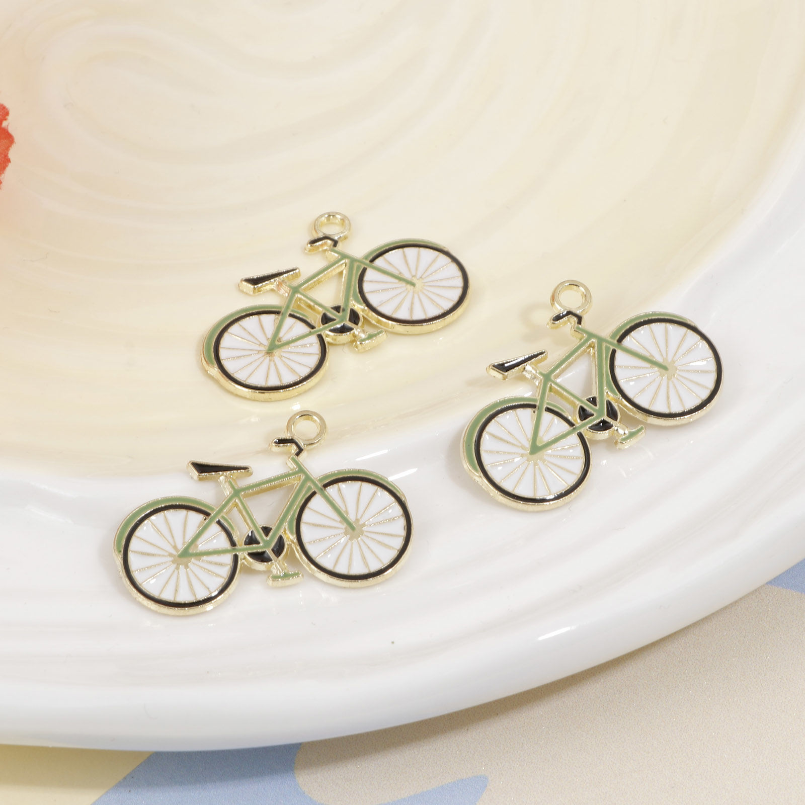 Picture of Zinc Based Alloy Travel Charms Light Golden Green Bicycle Enamel 28mm x 19mm, 5 PCs