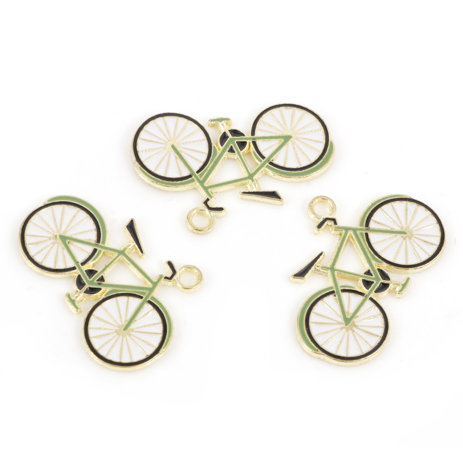 Picture of Zinc Based Alloy Travel Charms Light Golden Green Bicycle Enamel 28mm x 19mm, 5 PCs