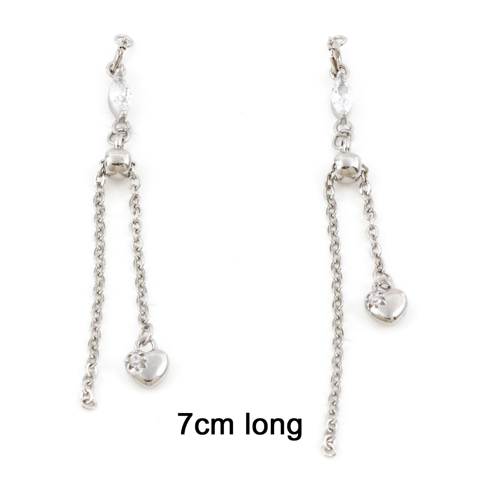 Imagen de Latón Cadena deslizante / extensor deslizante Corazón Platino Real Chapado Claro Circón Artificial 7cm longitud, 1 Juego