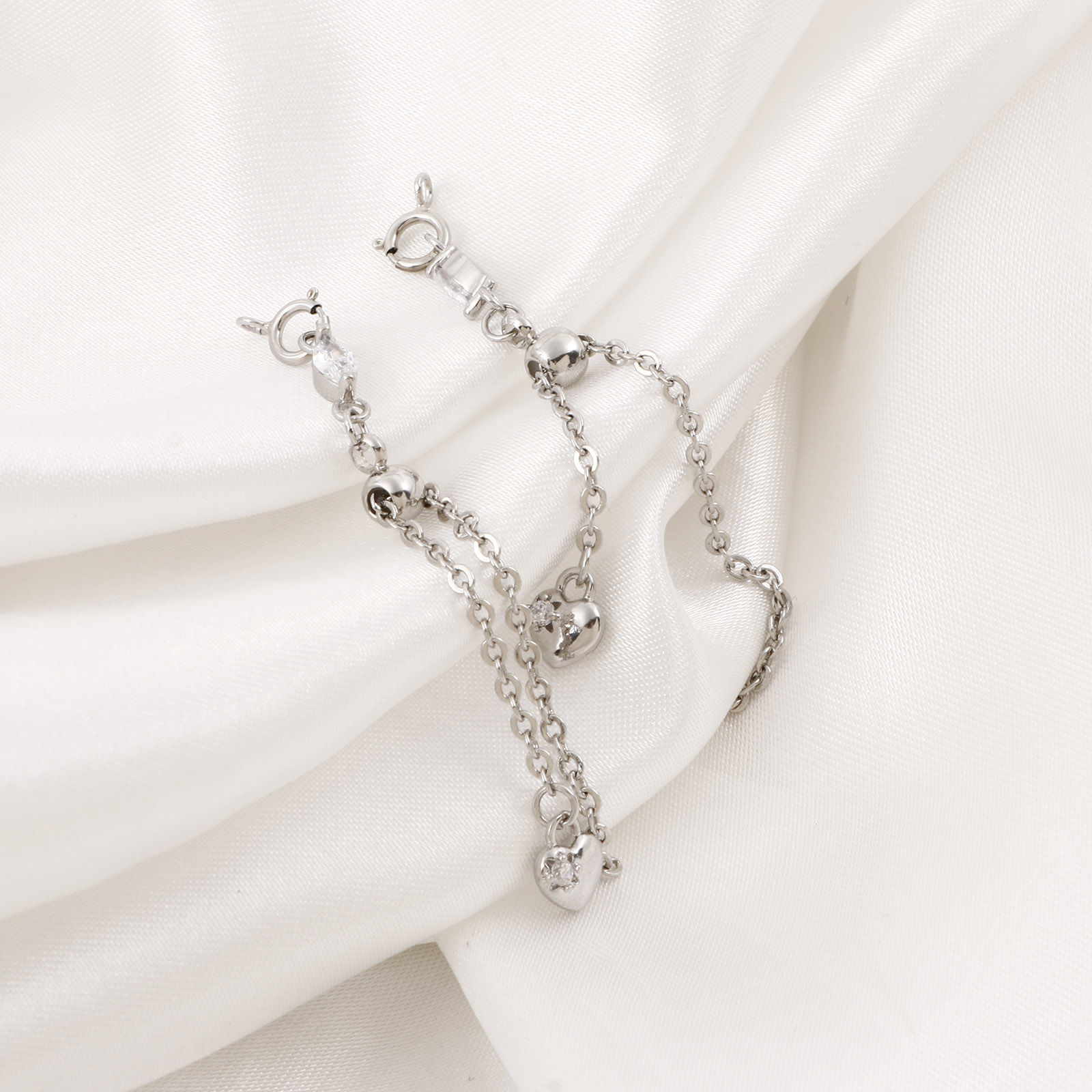 Imagen de Latón Cadena deslizante / extensor deslizante Corazón Platino Real Chapado Claro Circón Artificial 7cm longitud, 1 Juego