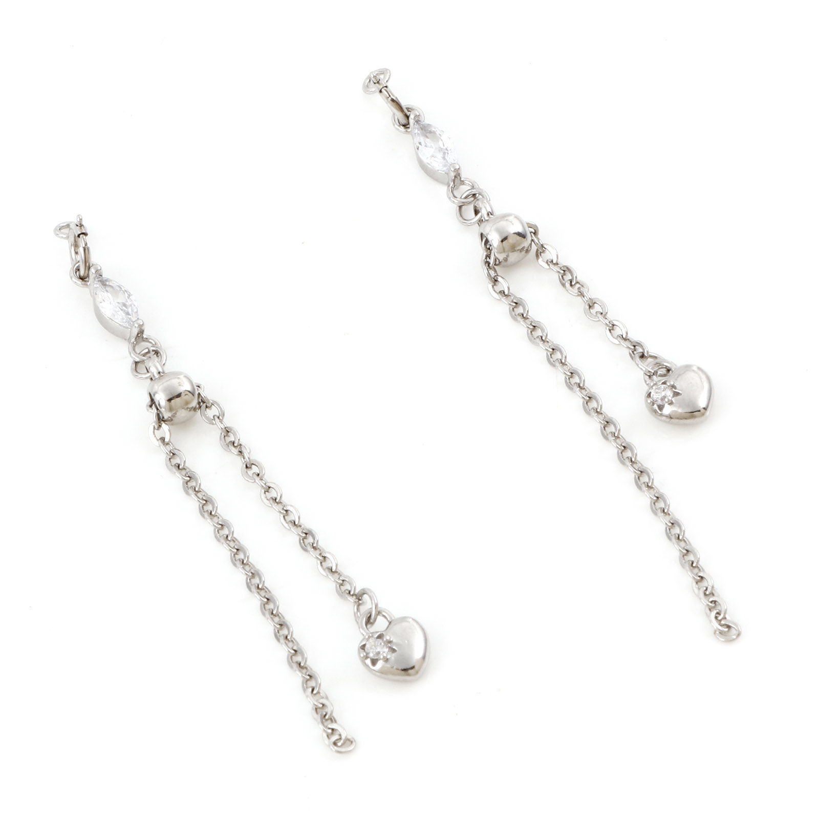 Imagen de Latón Cadena deslizante / extensor deslizante Corazón Platino Real Chapado Claro Circón Artificial 7cm longitud, 1 Juego