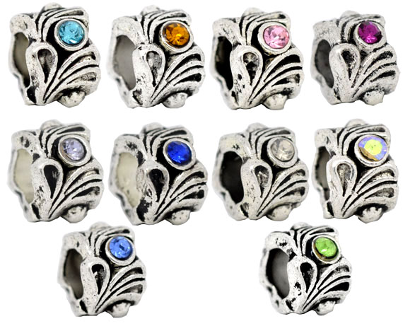 Picture of Zinc Metal Alloy European Style Large Hole Charm Beads Flower Antique Silver Color Mixed Rhinestone Pattern About 12mm x 8mm, Hole: Approx 5.6mm, 10 PCs
