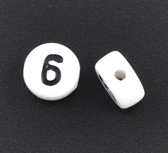 Picture of Acrylic Spacer Beads Round White Number " 6 " Pattern About 7mm Dia, Hole: Approx 1mm, 500 PCs