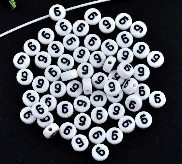 Picture of Acrylic Spacer Beads Round White Number " 6 " Pattern About 7mm Dia, Hole: Approx 1mm, 500 PCs
