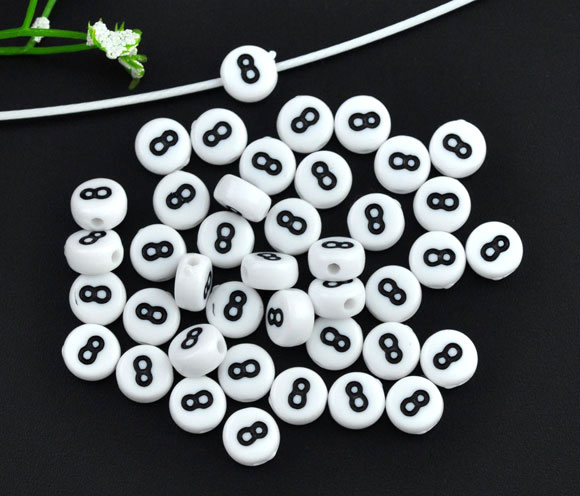 Picture of Acrylic Spacer Beads Round White Number " 8 " Pattern About 7mm Dia, Hole: Approx 1mm, 500 PCs