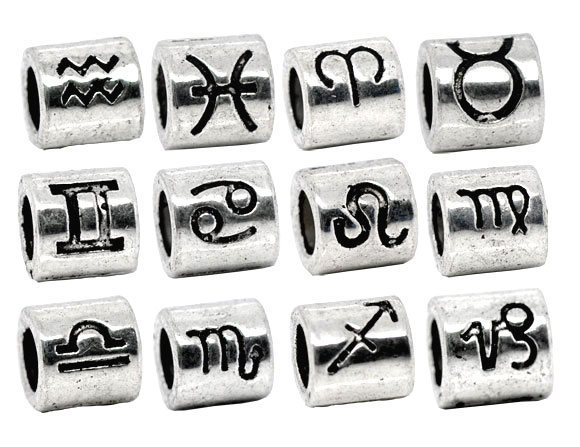 Imagen de 36 Unidades Zamak Granos del Encanto del Agujero Grande del Estilo Europeo Plata Antigua Cilíndrico Constelación 7.5mm x 7.5mm, Agujero: Aprox 4.5mm