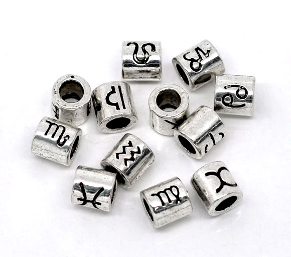 Imagen de 36 Unidades Zamak Granos del Encanto del Agujero Grande del Estilo Europeo Plata Antigua Cilíndrico Constelación 7.5mm x 7.5mm, Agujero: Aprox 4.5mm