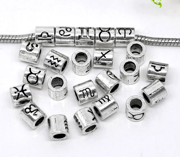 Imagen de 36 Unidades Zamak Granos del Encanto del Agujero Grande del Estilo Europeo Plata Antigua Cilíndrico Constelación 7.5mm x 7.5mm, Agujero: Aprox 4.5mm