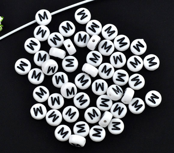 Picture of Acrylic Spacer Beads Round White Alphabet/ Letter "M" About 7mm Dia, Hole: Approx 1mm, 500 PCs