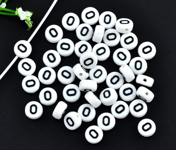 Picture of Acrylic Spacer Beads Flat Round White Alphabet/ Letter "O" About 7mm Dia, Hole: Approx 1mm, 500 PCs