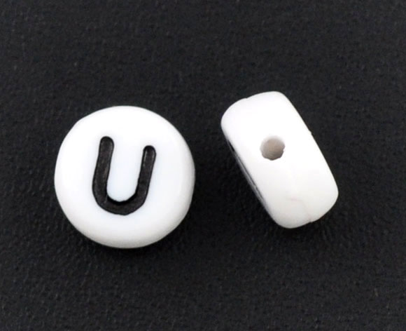 Picture of Acrylic Spacer Beads Round White Alphabet/ Letter "U" About 7mm Dia, Hole: Approx 1mm, 500 PCs