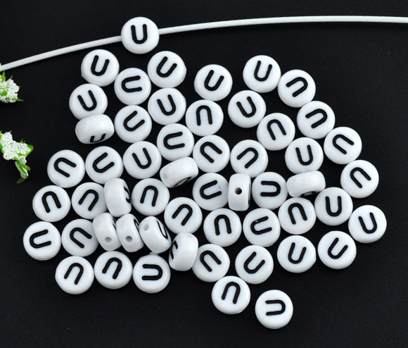 Picture of Acrylic Spacer Beads Round White Alphabet/ Letter "U" About 7mm Dia, Hole: Approx 1mm, 500 PCs