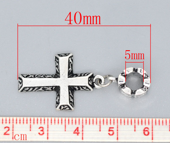 Picture of 10 PCs Zinc Based Alloy European Style Dangle Charm Beads For Bracelet Necklace Jewelry Making Cross Antique Silver Color 40mm x 17mm