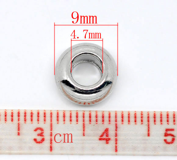 Picture of Zinc Metal Alloy European Style Large Hole Charm Beads Round Silver Tone About 9mm Dia, Hole: Approx 4.7mm, 30 PCs