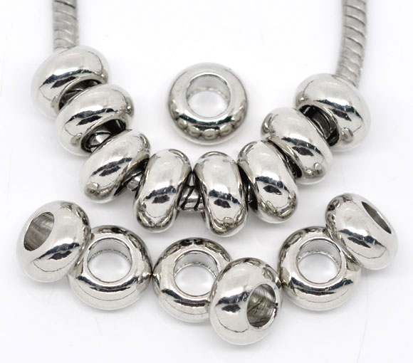 Picture of Zinc Metal Alloy European Style Large Hole Charm Beads Round Silver Tone About 9mm Dia, Hole: Approx 4.7mm, 30 PCs