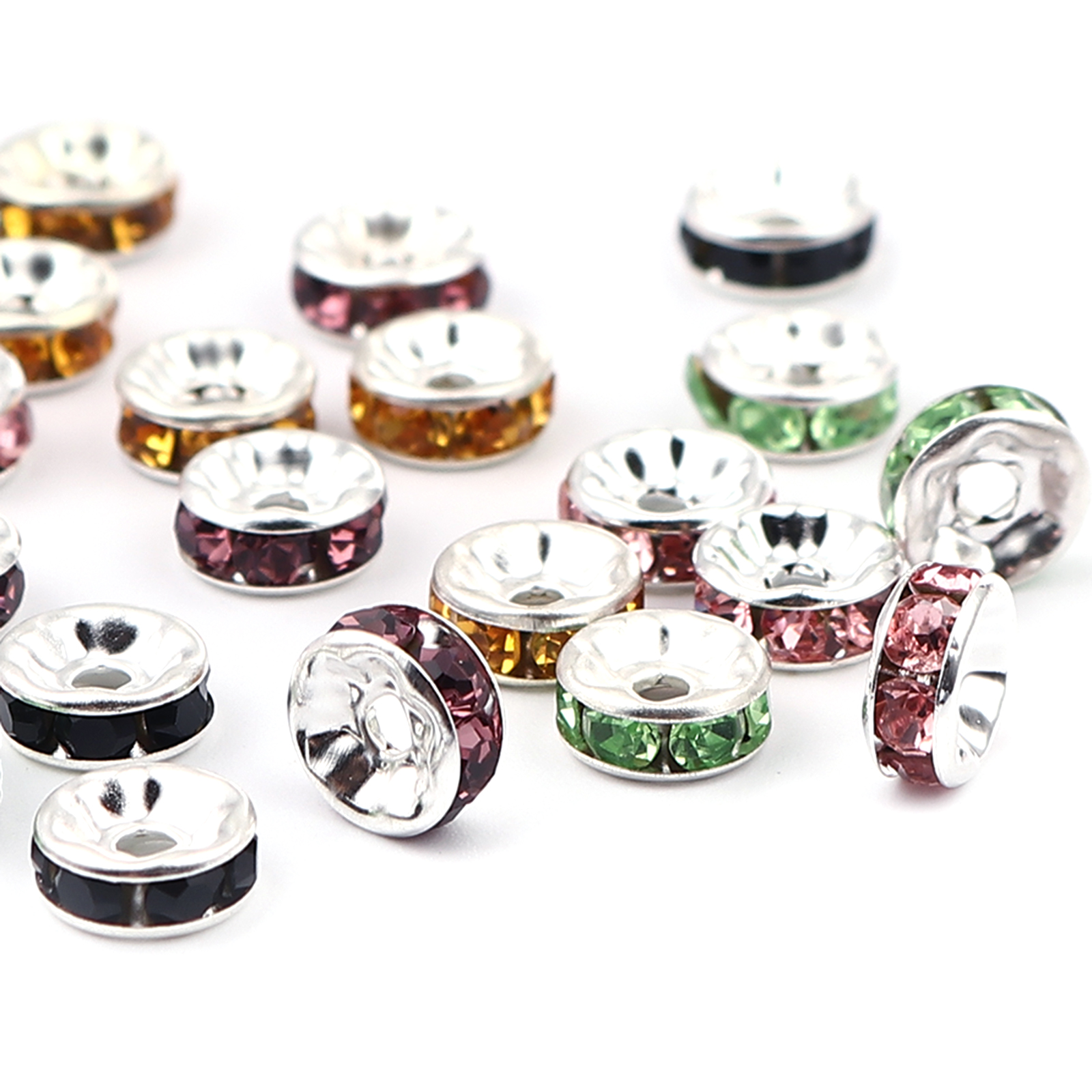 Picture of Brass Rondelle Spacer Beads Round Silver Plated Mixed Rhinestone About 8mm( 3/8") Dia, Hole:Approx 1.3mm, 100 PCs