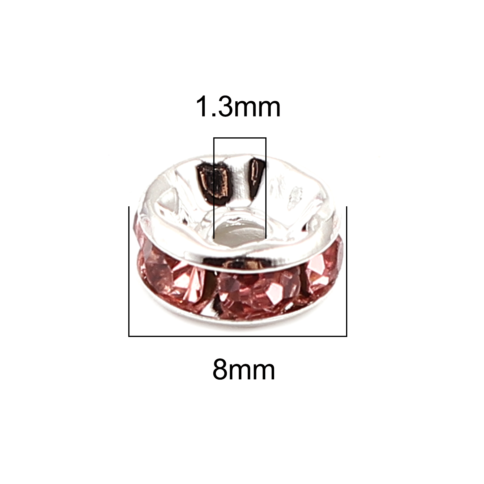 Picture of Brass Rondelle Spacer Beads Round Silver Plated Mixed Rhinestone About 8mm( 3/8") Dia, Hole:Approx 1.3mm, 100 PCs