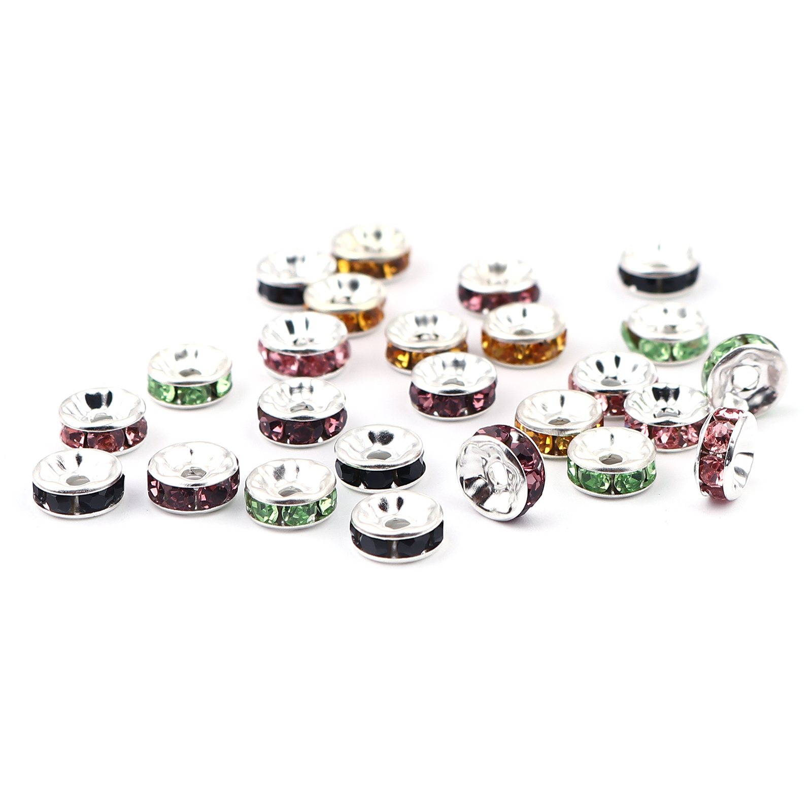 Picture of Brass Rondelle Spacer Beads Round Silver Plated Mixed Rhinestone About 8mm( 3/8") Dia, Hole:Approx 1.3mm, 100 PCs