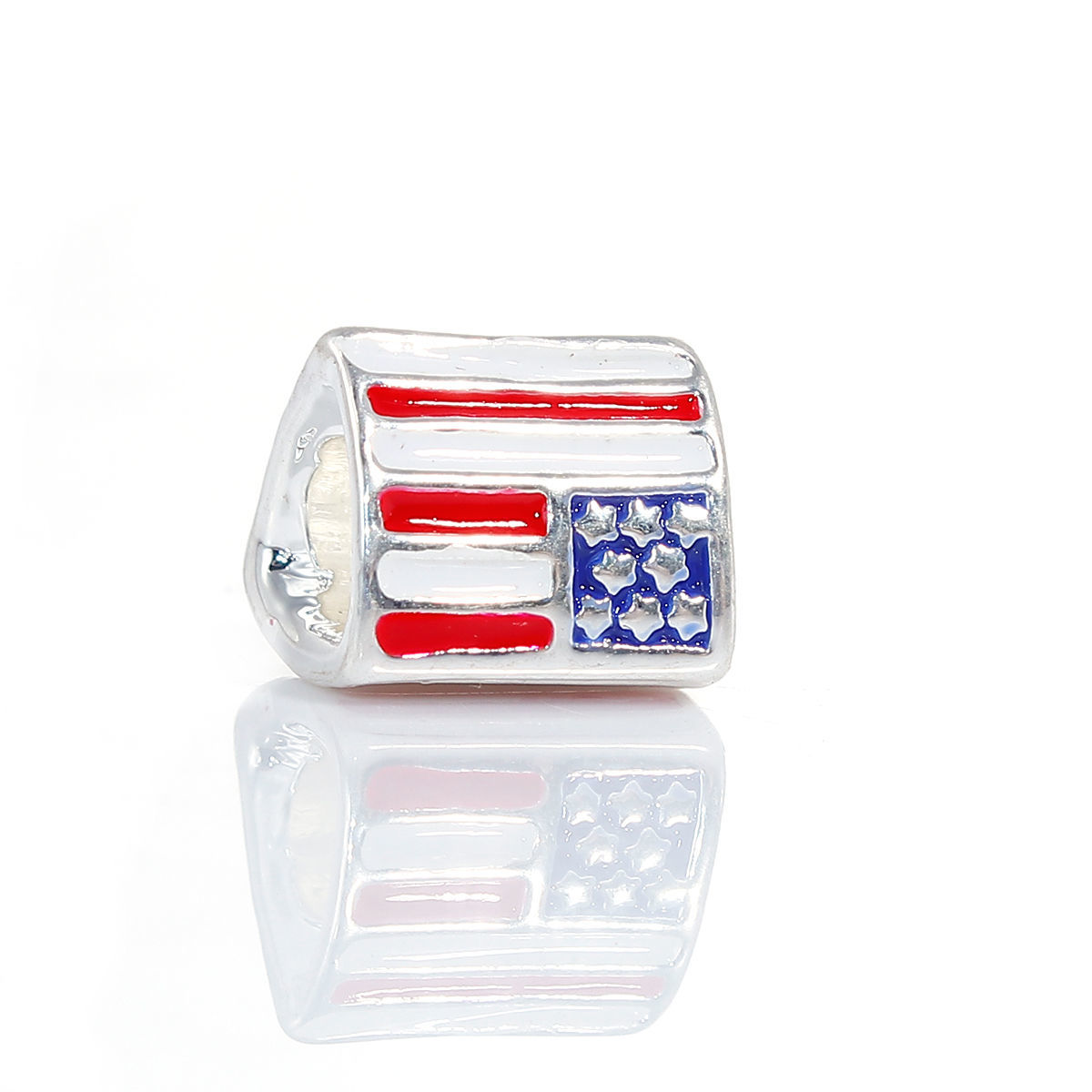 Picture of Zinc Metal Alloy European Style Large Hole Charm Beads Triangle Silver Plated American Flag Pattern Multicolor Enamel About 12mm x 10mm, Hole: Approx 5.2mm, 10 PCs