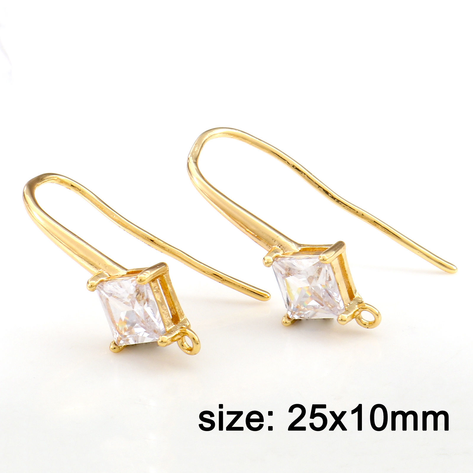 Bild von Messing Ohrhaken-Ohrringe für DIY-Schmuckherstellungszubehör 18K Echtgold plattiert Raute Message " Mit Öse " Klar Zirkonia 25mm x 10mm, Drahtstärke: (18 gauge), 2 Stück