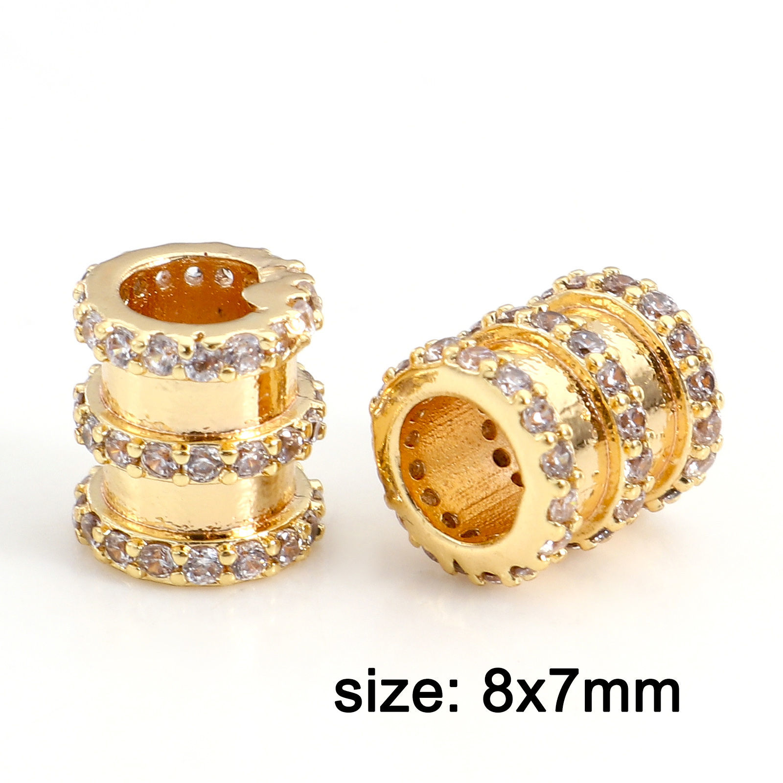 Picture of Brass & Cubic Zirconia Beads For DIY Jewelry Making 18K Real Gold Plated Transparent Clear Cylinder Micro Pave About 8mm x 7mm, Hole: Approx 3.8mm, 1 Piece