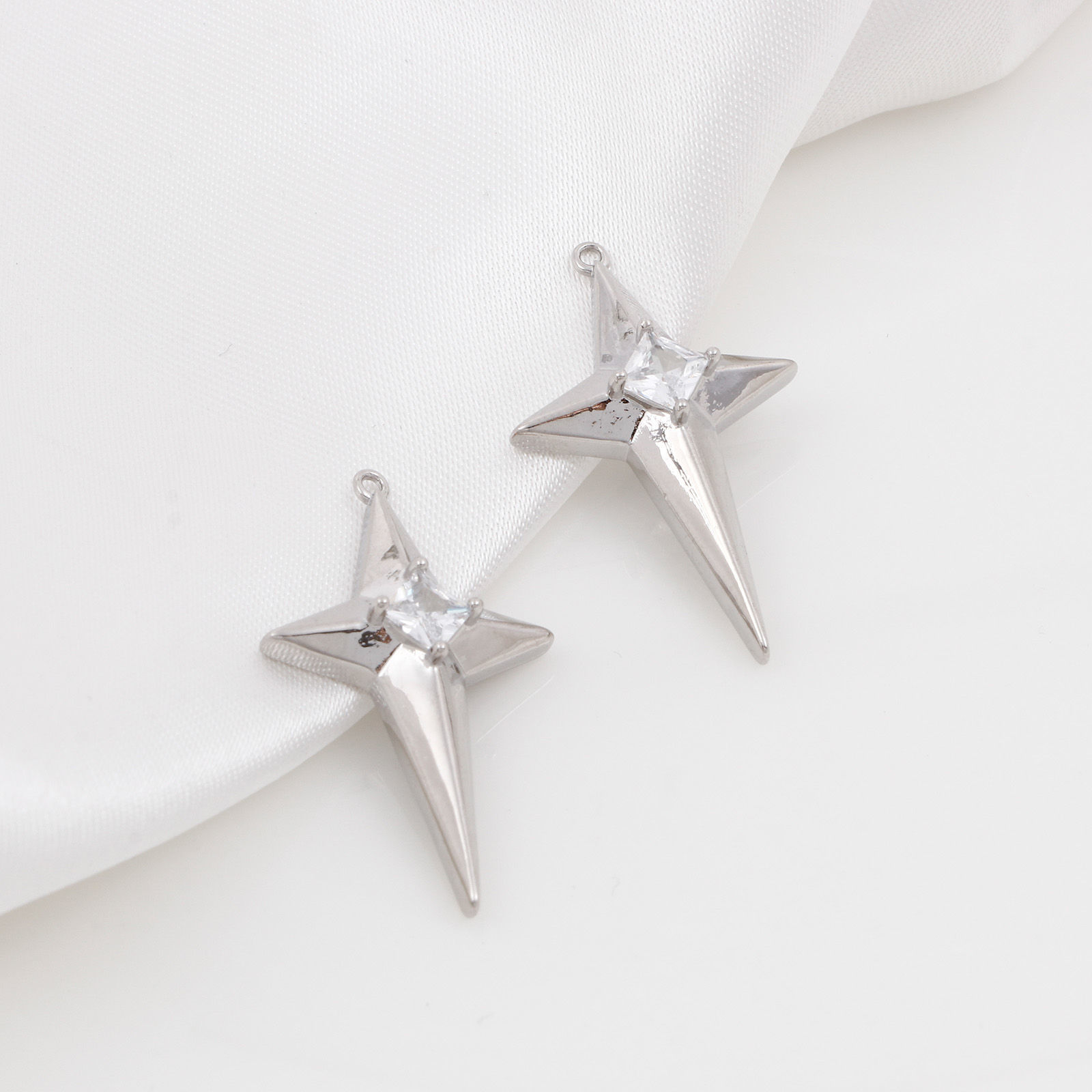 Picture of Brass Galaxy Pendants Real Platinum Plated Star Clear Cubic Zirconia 3cm x 1.8cm, 2 PCs