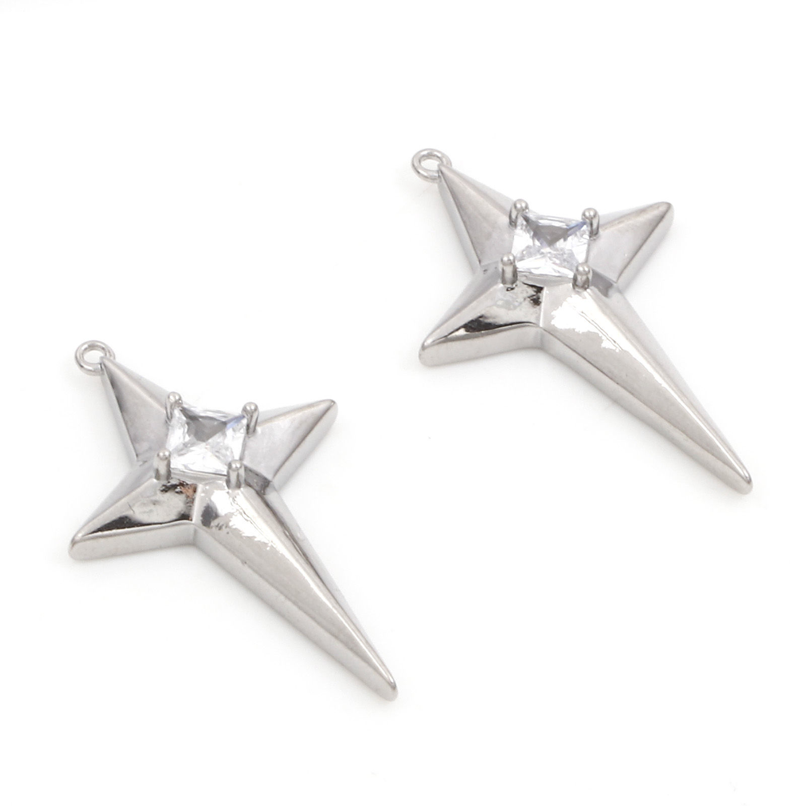 Picture of Brass Galaxy Pendants Real Platinum Plated Star Clear Cubic Zirconia 3cm x 1.8cm, 2 PCs