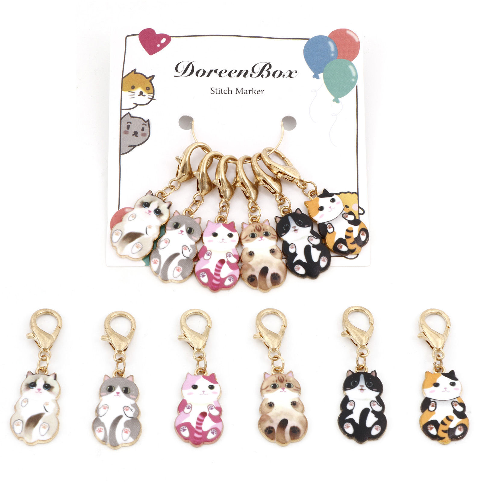 Bild von Zinklegierung Stricken Stitch Markers Katze Vergoldet Emaille 4.5cm x 1.4cm, 1 Set ( 6 Stücke/Set)