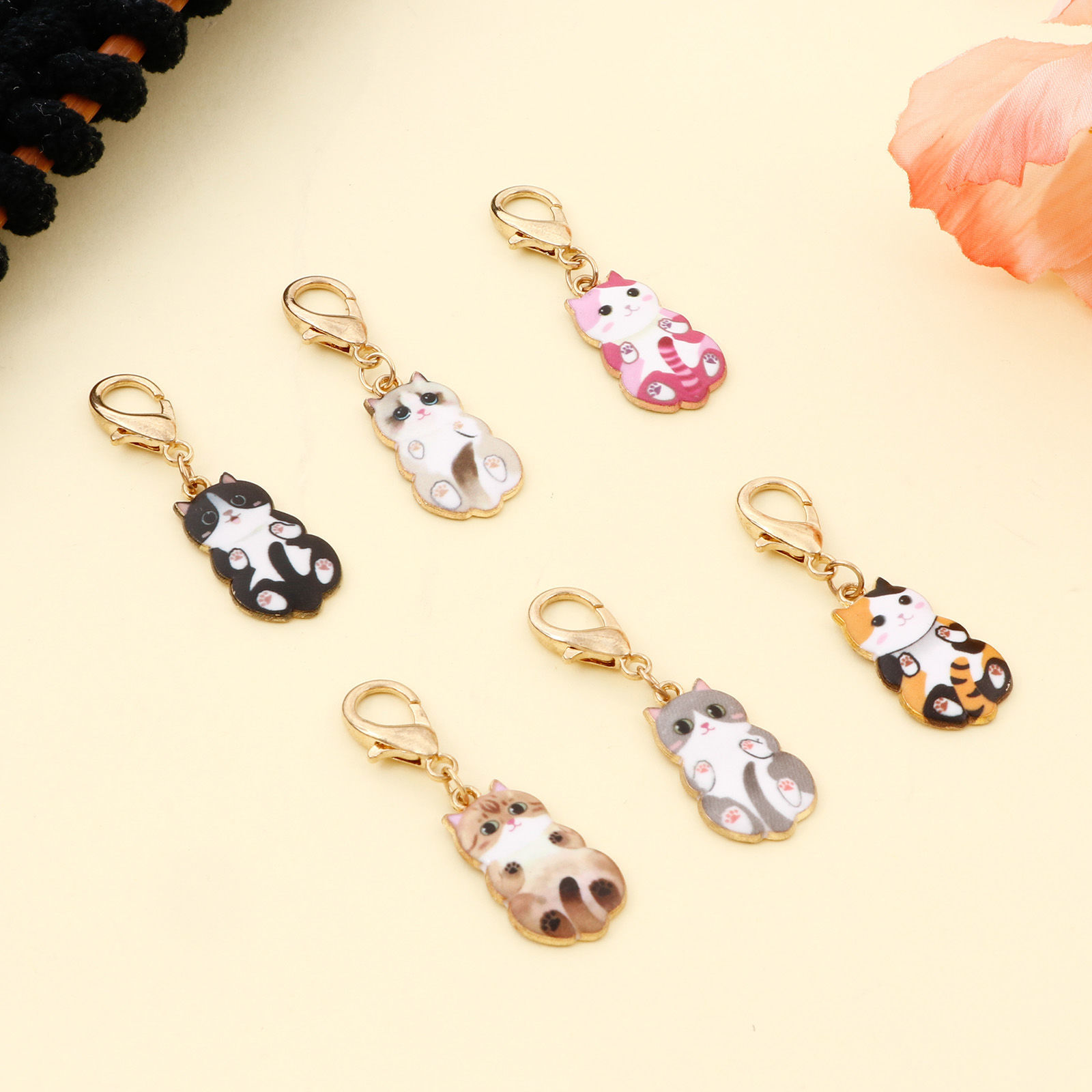 Bild von Zinklegierung Stricken Stitch Markers Katze Vergoldet Emaille 4.5cm x 1.4cm, 1 Set ( 6 Stücke/Set)