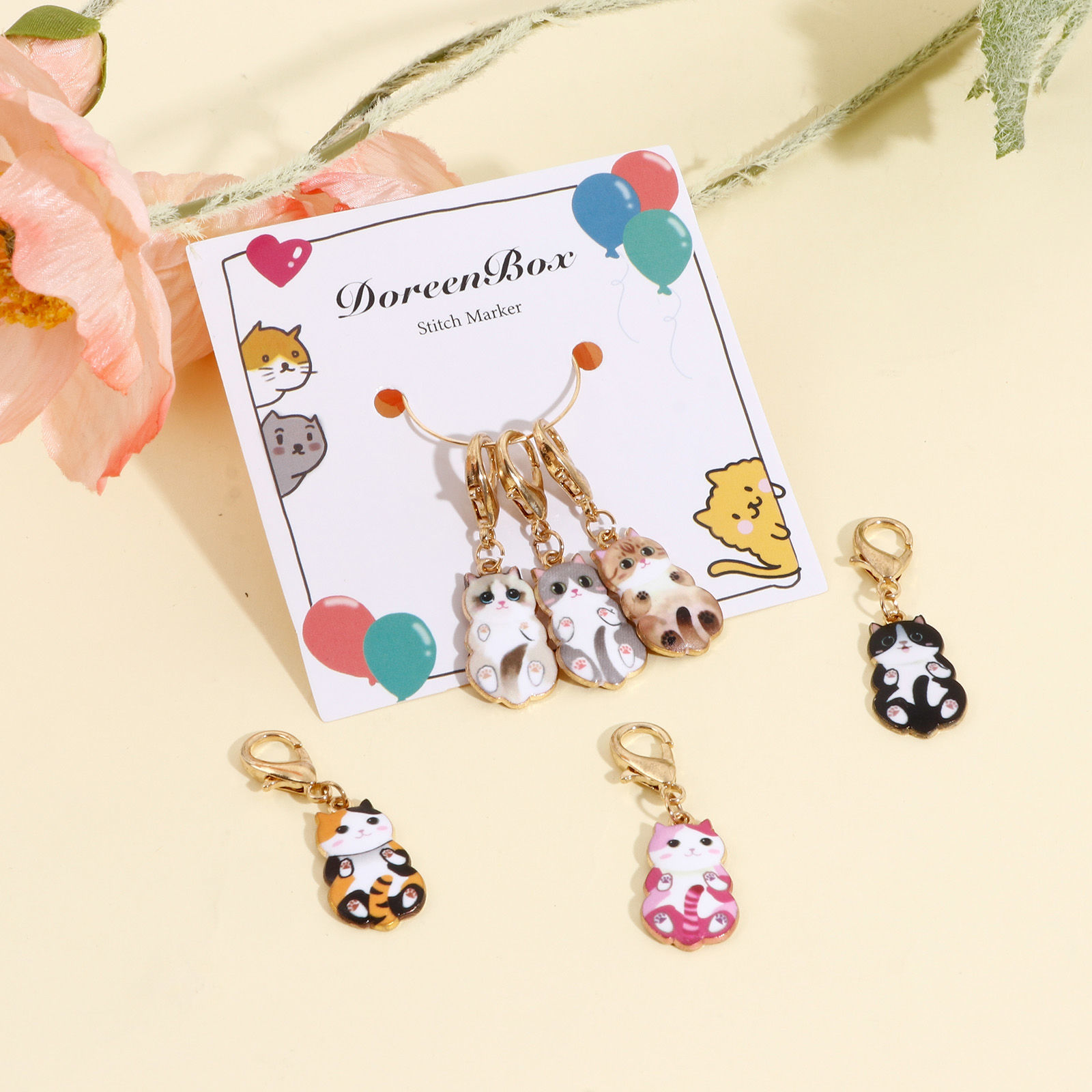 Bild von Zinklegierung Stricken Stitch Markers Katze Vergoldet Emaille 4.5cm x 1.4cm, 1 Set ( 6 Stücke/Set)